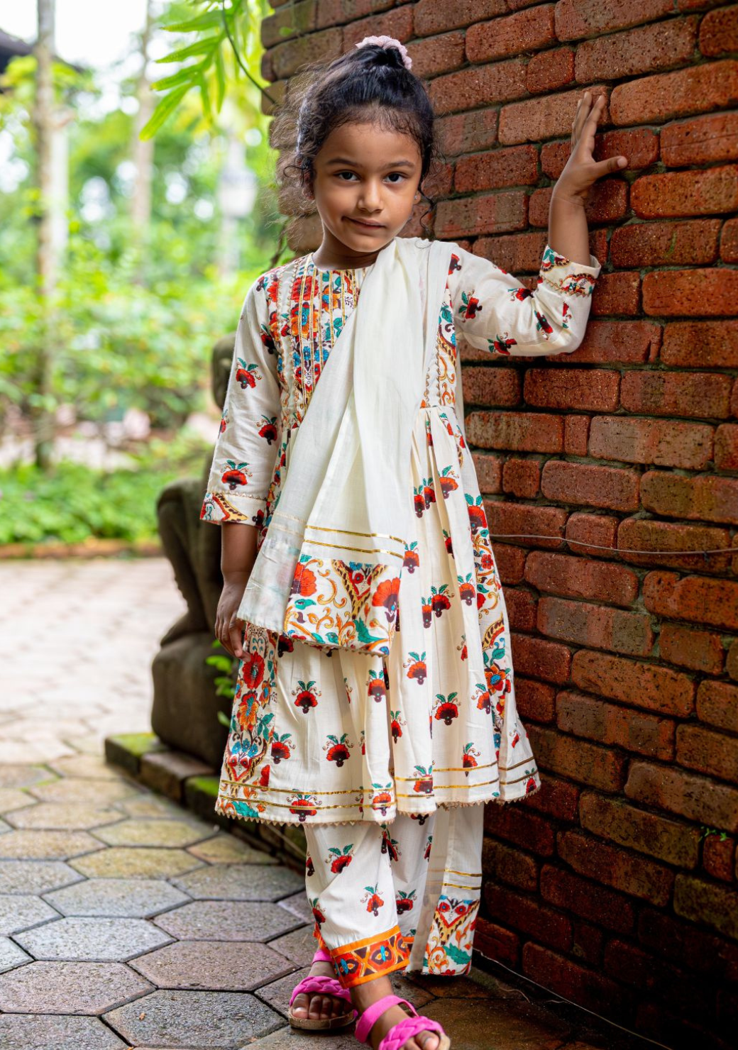 Rosa Girls Anarkali with Dupatta Set in Off White