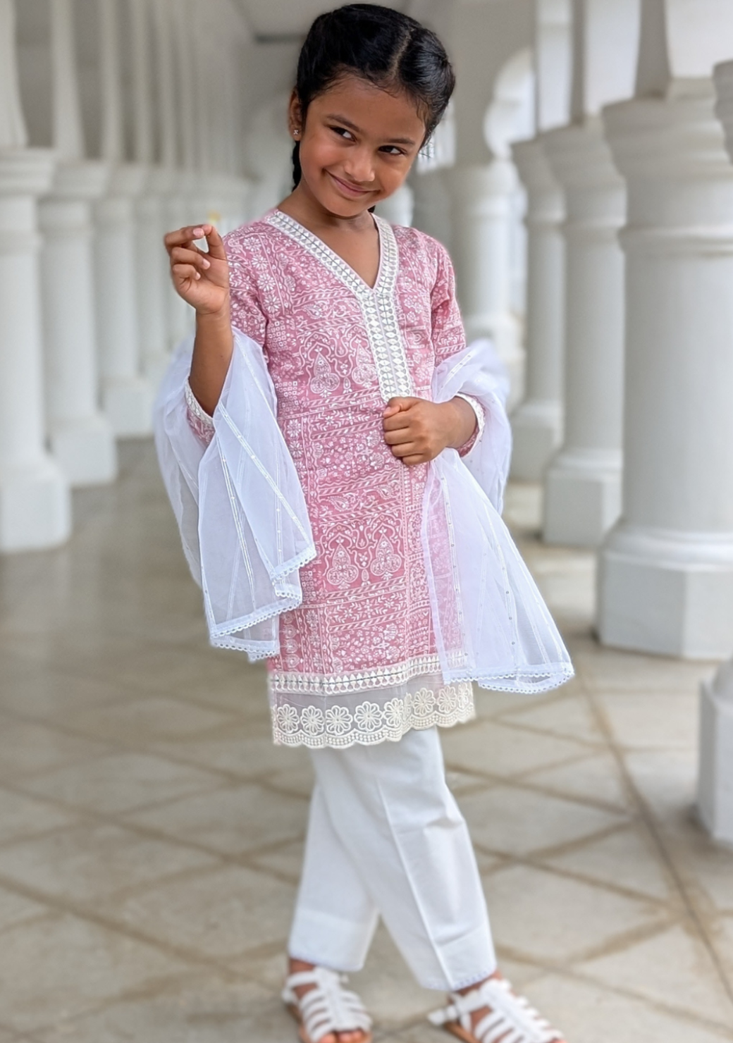 Ira Pink Rose Girls Kurti with Pants Set in Cotton