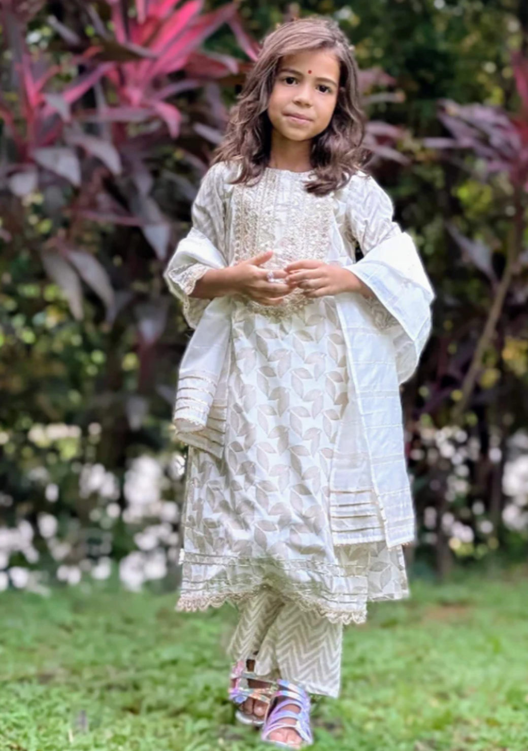 Zoya Girls White & Gold Kurta Salwar in Cotton