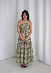Leela Pleated Midi Dress with Tie Straps in Green Block Print