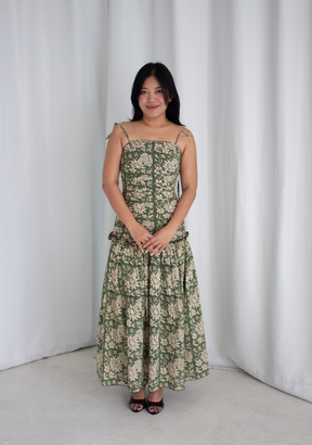 Leela Pleated Midi Dress with Tie Straps in Green Block Print