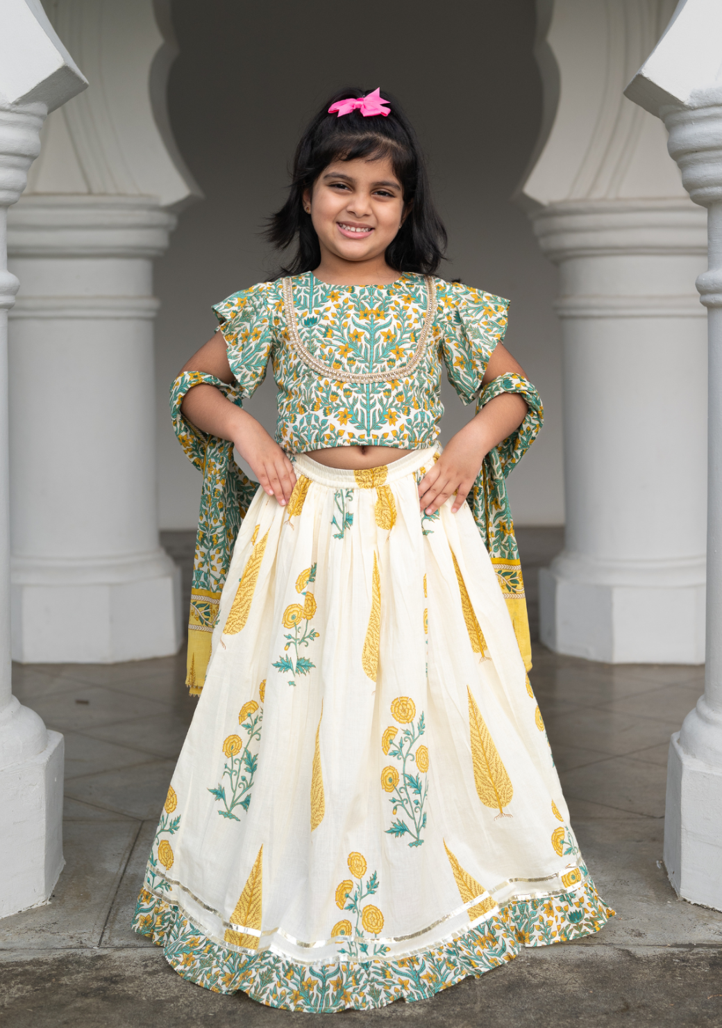 Mira Green Girls Lehenga Choli Skirt Top in Cotton