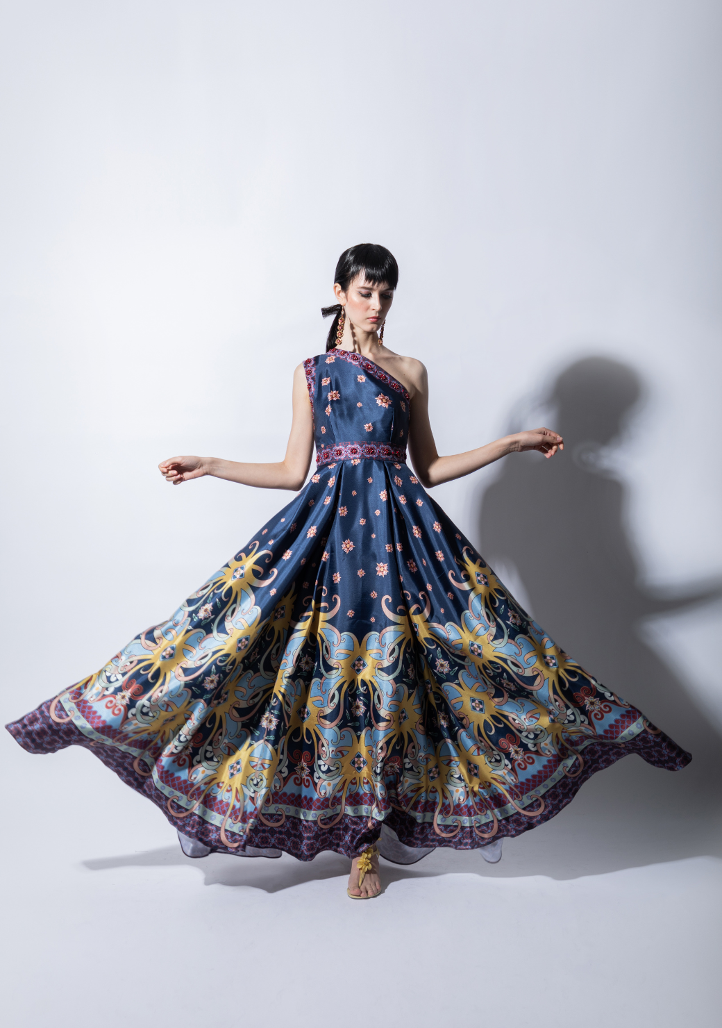 Tulur Asymetrical Dress with Paneled Skirt in Navy