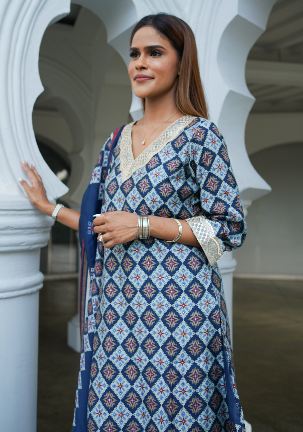 Tara Blue Womens Choga Style Kurti & Salwar Set in Muslin Cotton