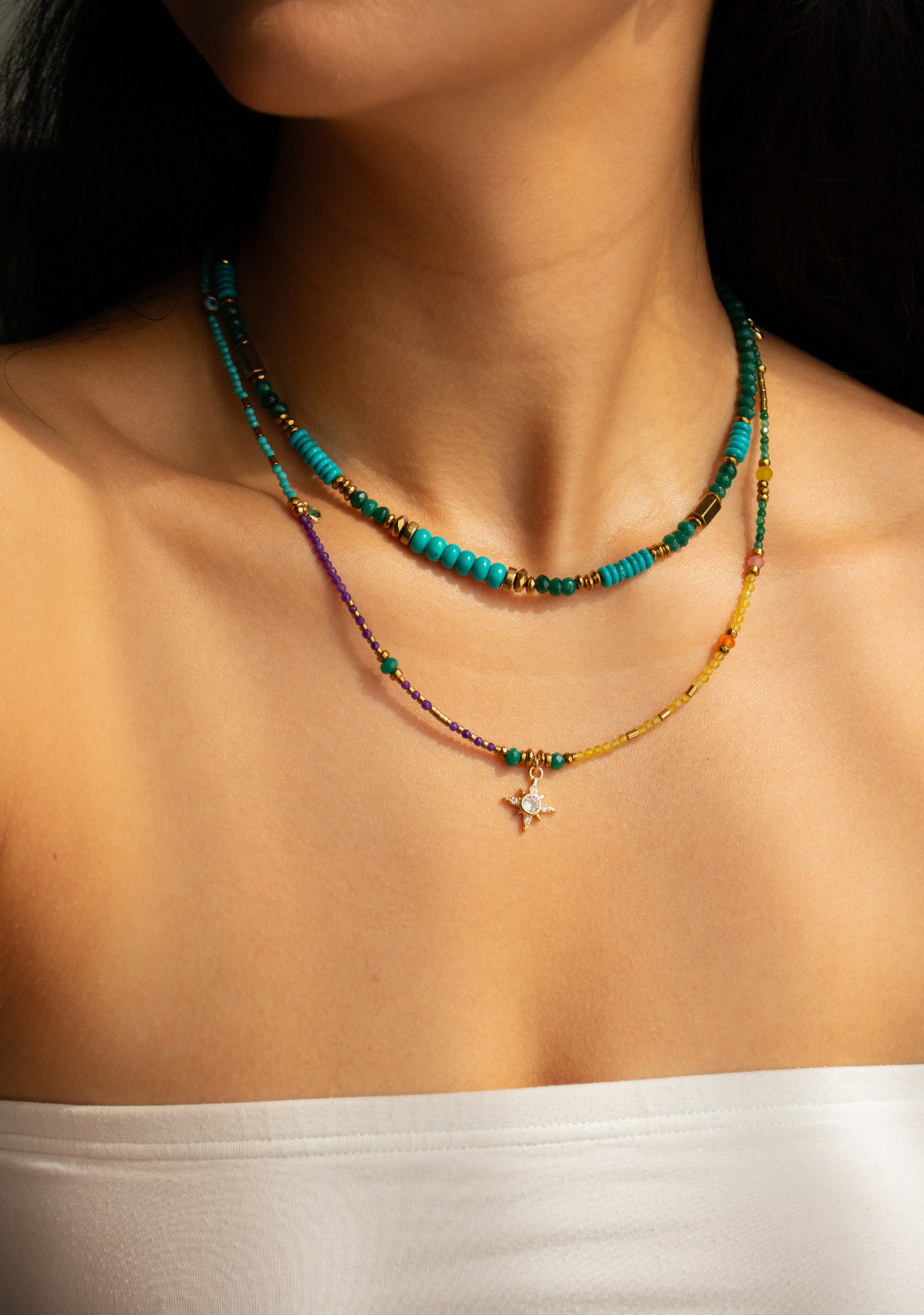 Rondelle Necklace in Green and Turquoise