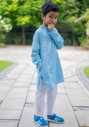 Embroidered Lotus Blue Kurta Pajama Set for Kids