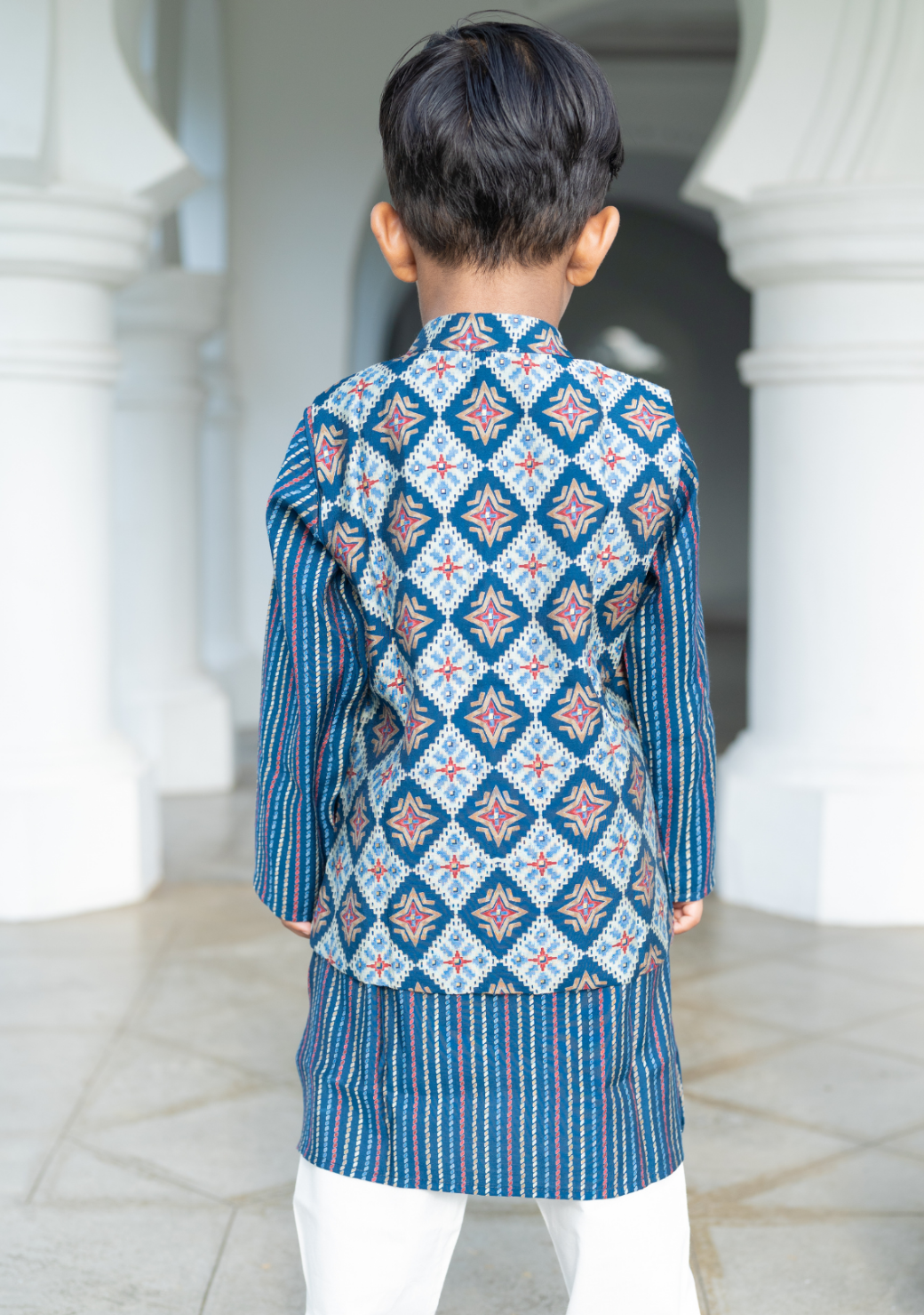 Tara Blue Boys Kurta Pajama Jacket in Muslin Cotton