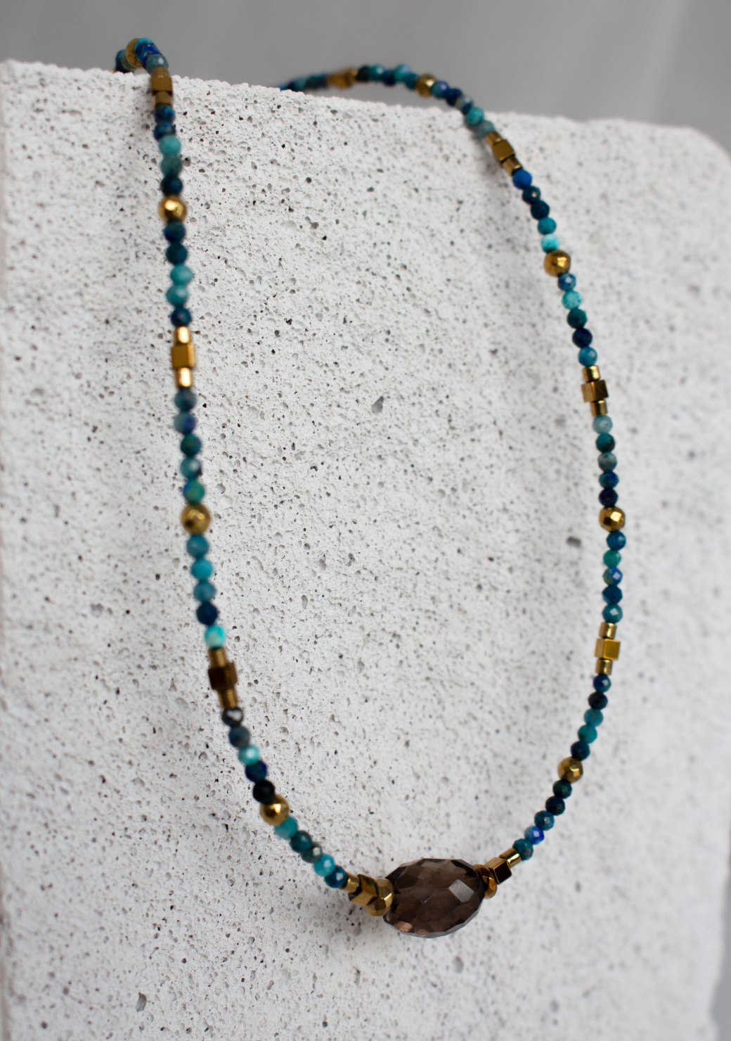 Ethereal Necklace in Blue Apatite with Smoky Quartz Centre