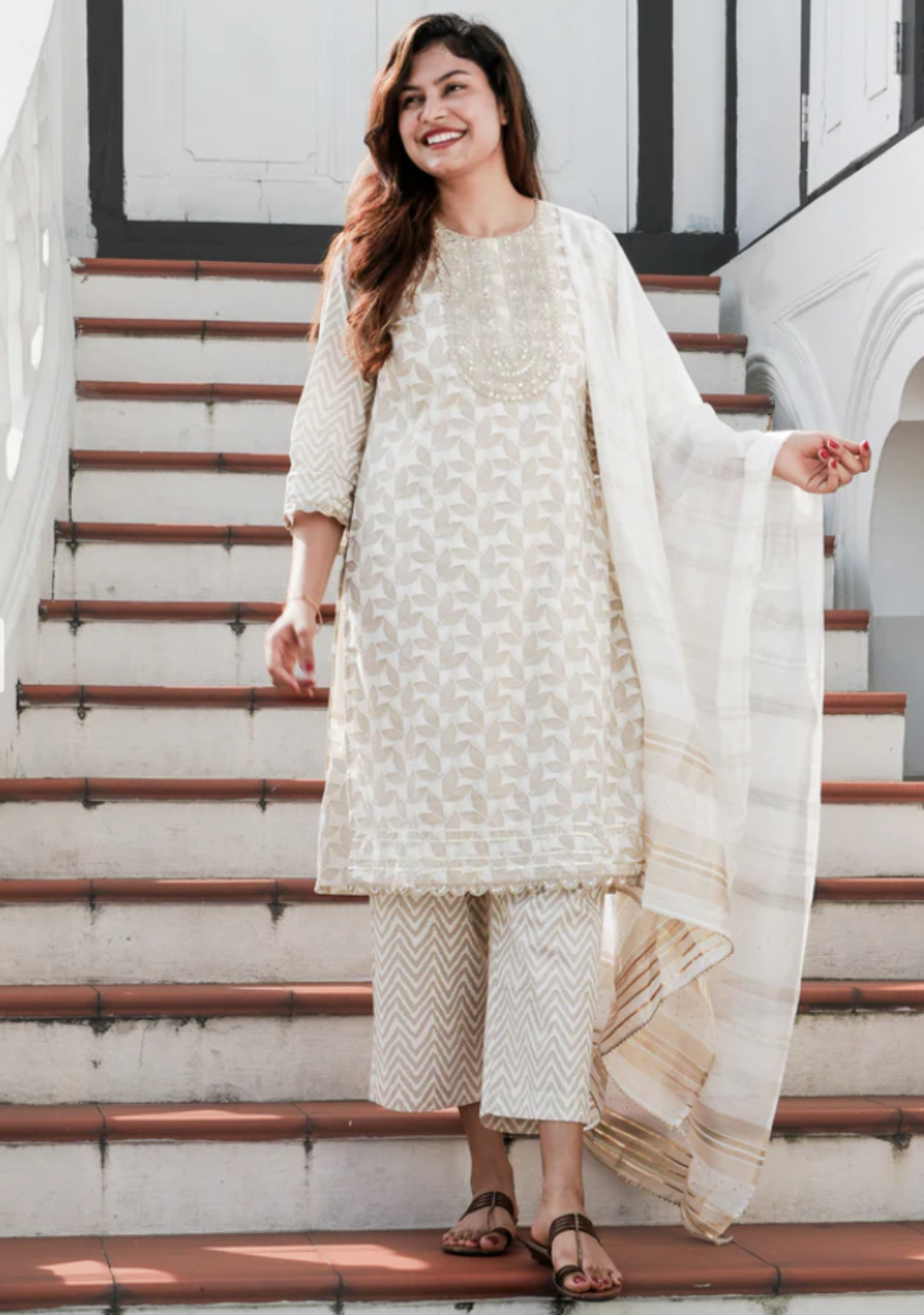 Zoya Womens White & Gold Kurta Salwar in Cotton