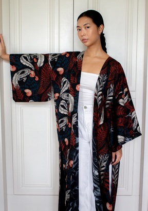 Reversible Long Cotton Kimono Robe in Sea Life in Navy & Nautilus