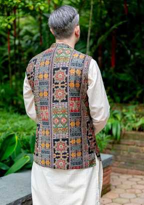 Shan Black Men's 3pc Kurta Jacket Set In Muslin Cotton