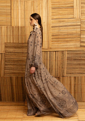 Lawa Chiffon Gathered Long Dress in Wheat