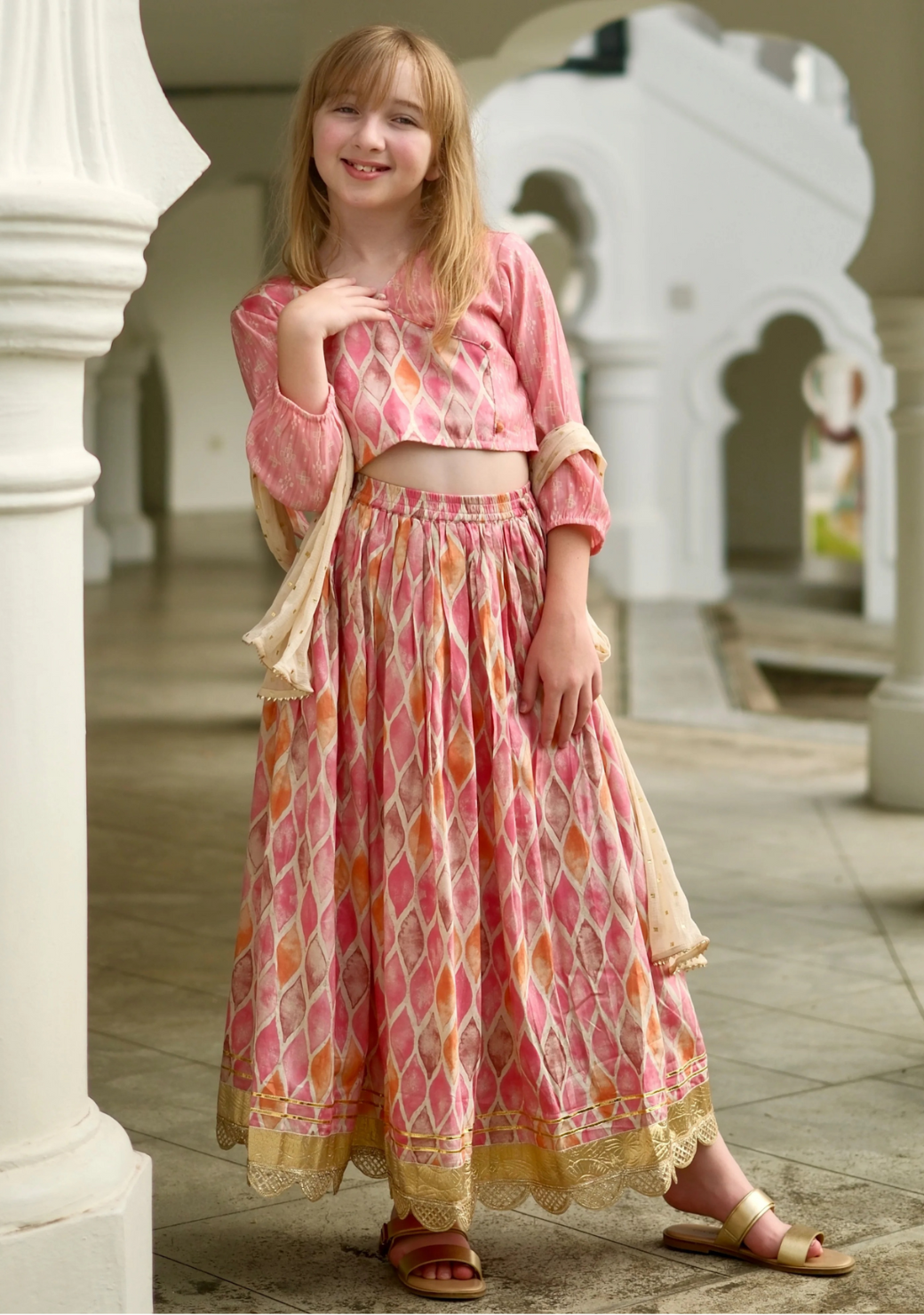 Rooh Pink Girls Lehenga Choli Set with Dupatta in Muslin Cotton