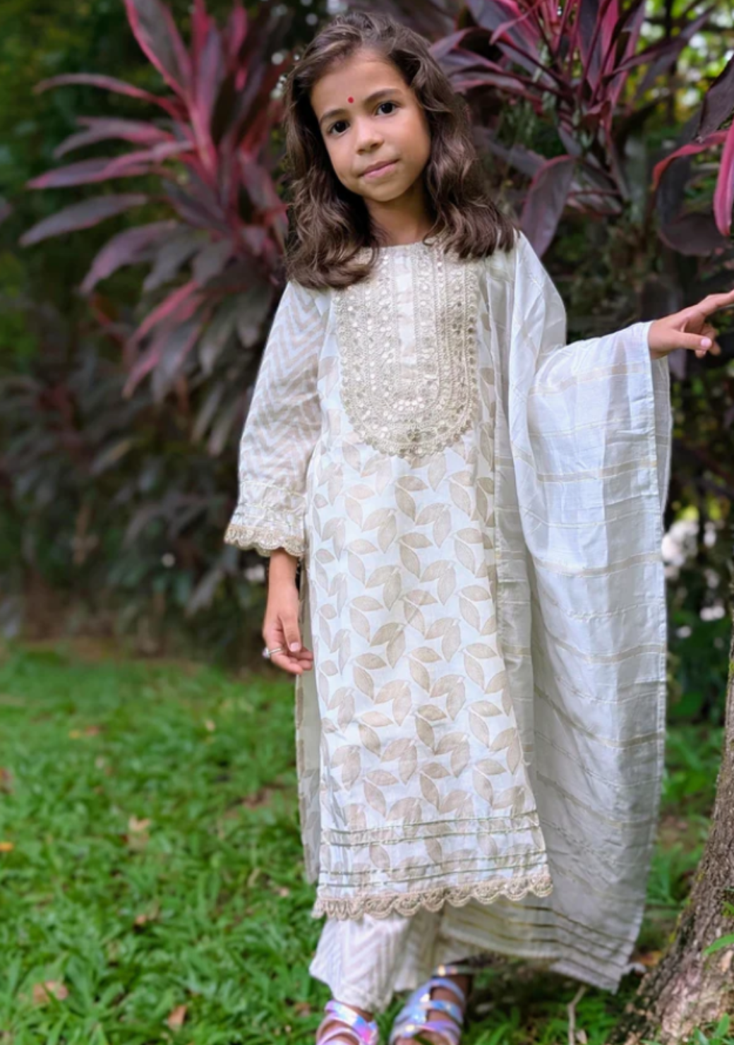 Zoya Girls White & Gold Kurta Salwar in Cotton