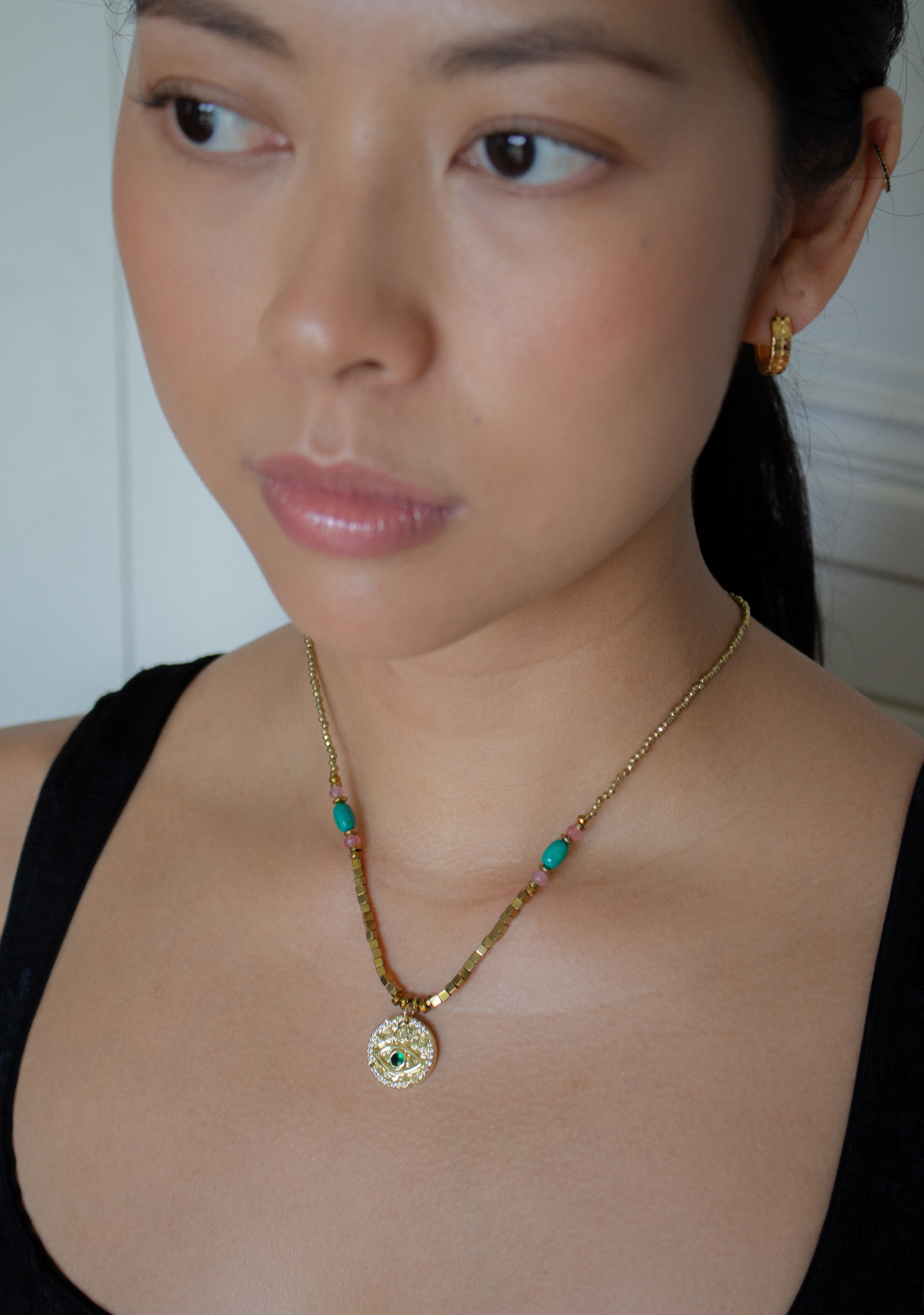 Keira Necklace with Green Evil Eye in Gold
