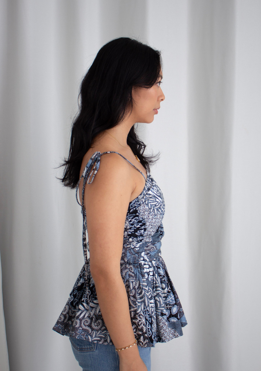 Blue Batik Draped Peplum Top