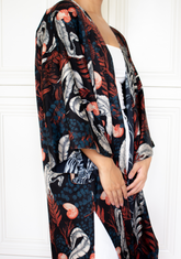 Reversible Long Cotton Kimono Robe in Sea Life in Navy & Nautilus