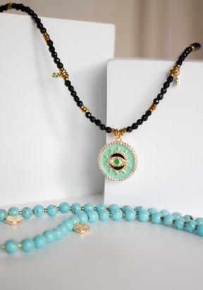 Green Tear Drop Rondelle Necklace with Pave Eye Pendant