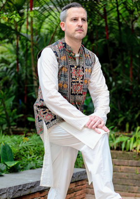 Shan Black Men's 3pc Kurta Jacket Set In Muslin Cotton