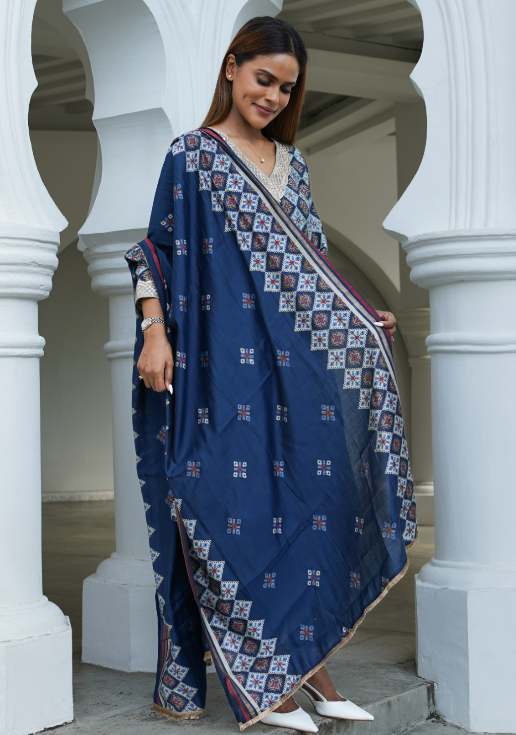 Tara Blue Womens Choga Style Kurti & Salwar Set in Muslin Cotton