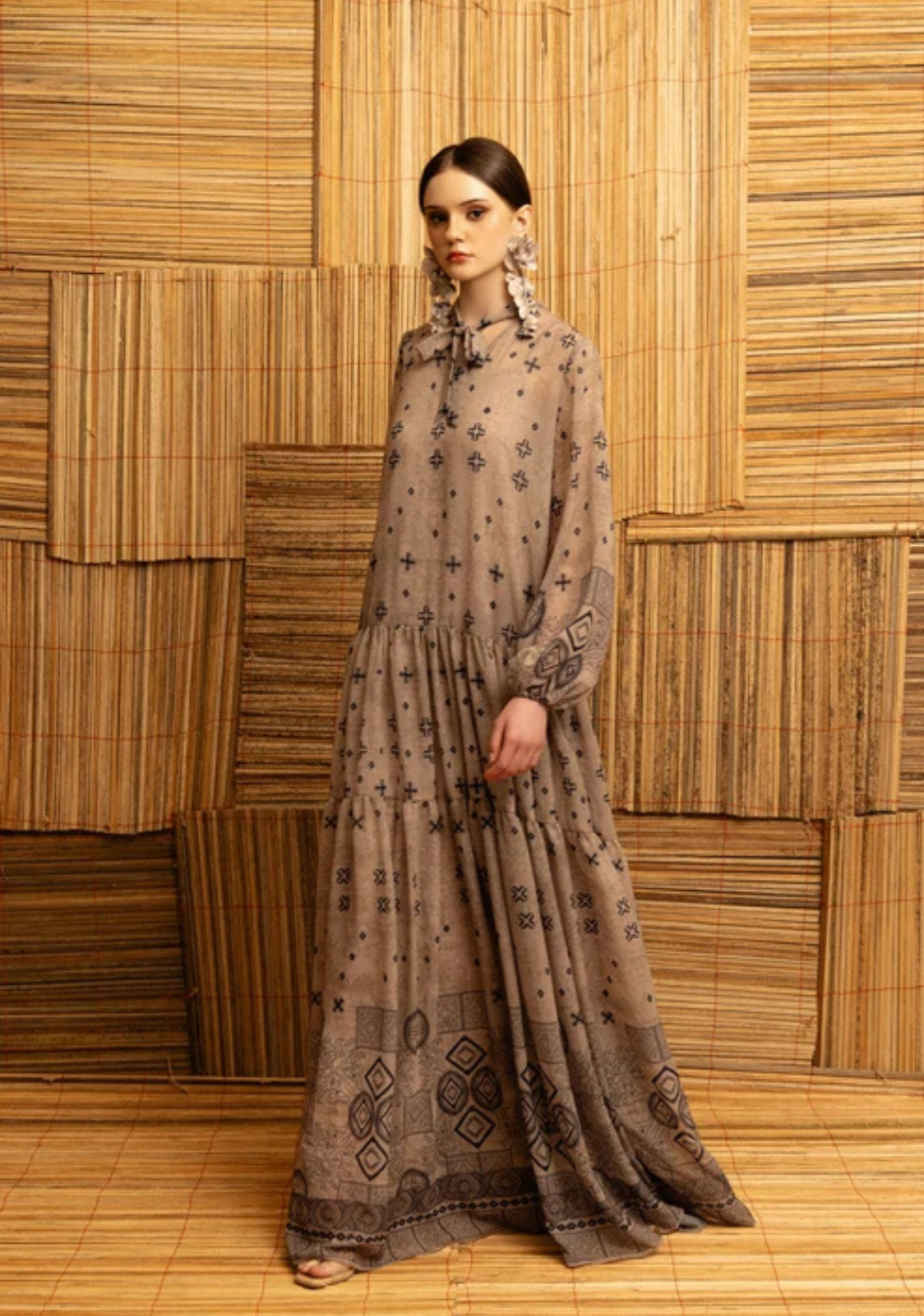 Lawa Chiffon Gathered Long Dress in Wheat