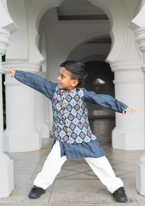 Tara Blue Boys Kurta Pajama Jacket in Muslin Cotton