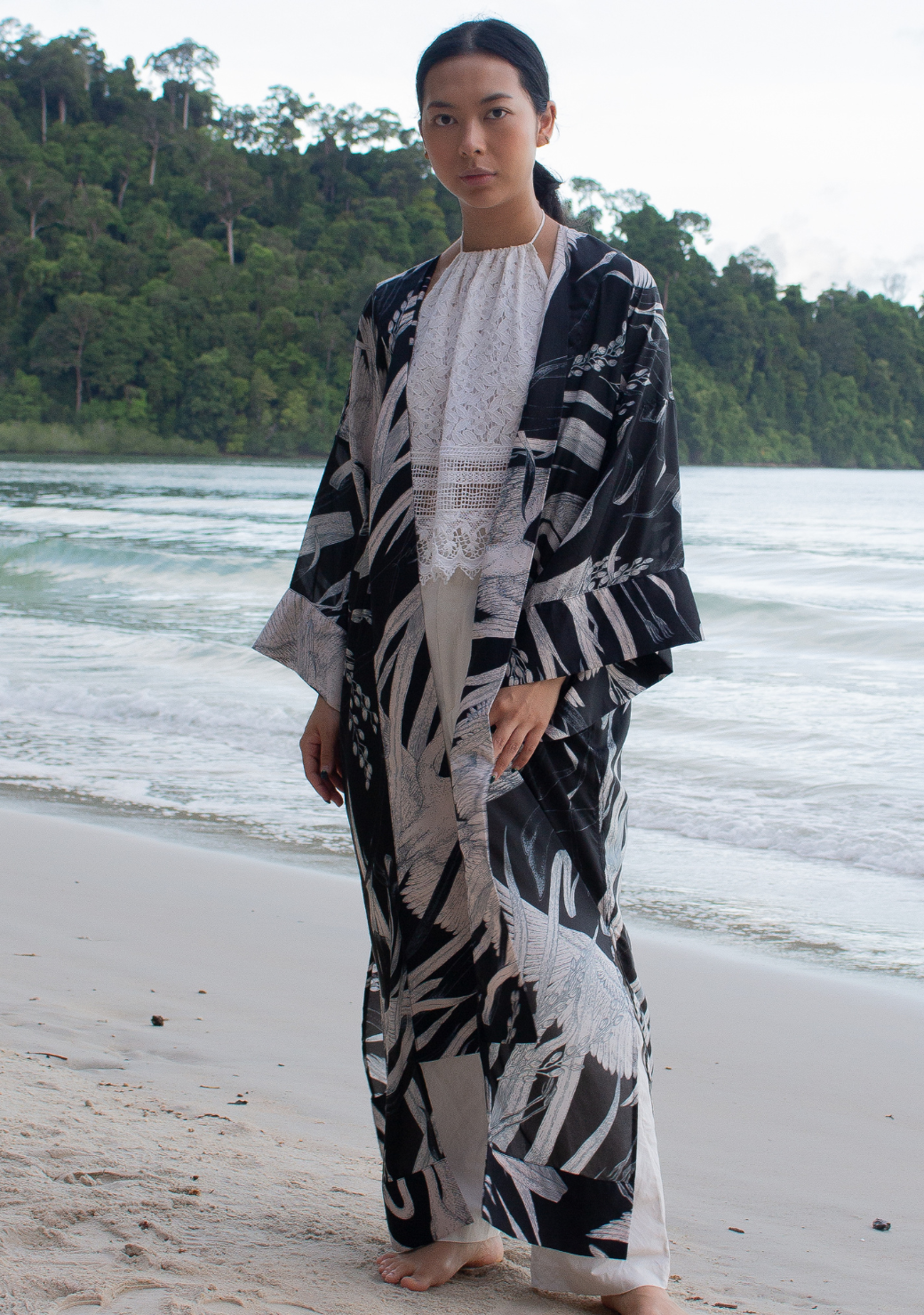 Long Sheer Silk Kimono Robe with Cotton Hemp Trim