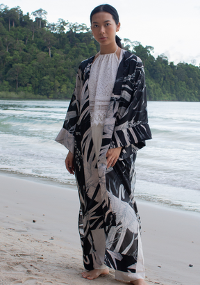 Long Sheer Silk Kimono Robe with Cotton Hemp Trim