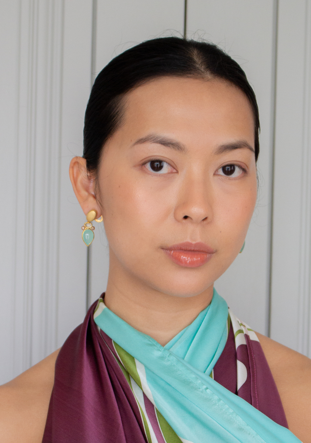 Rutilated Quartz, Champagne Pearls & Blue Chalcedony Earrings