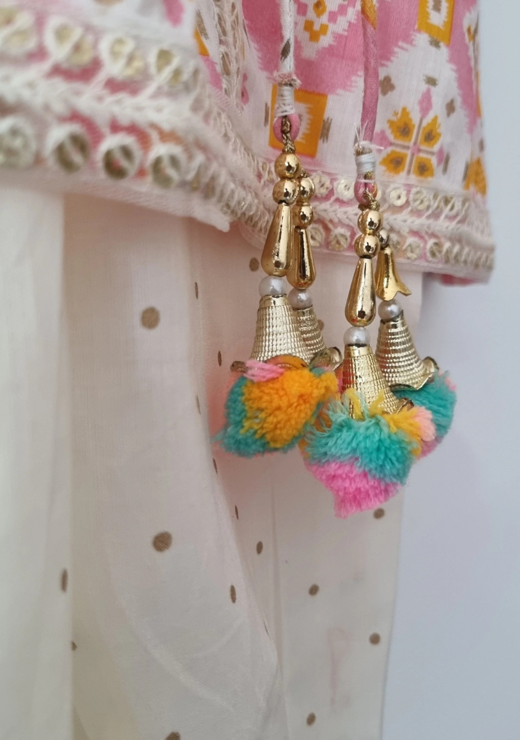 Pastel Pink Ikat Angarkha Kurti with Unicorn Colour Tassels