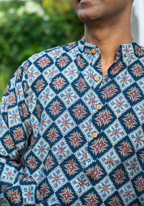 Tara Blue Mens Kurta Pajama Jacket Set in Muslin Cotton