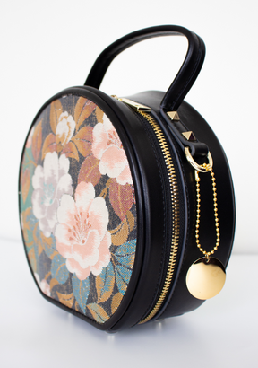 Round Leather Obi Silk Handbag