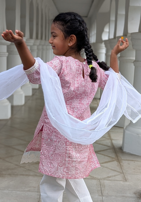 Ira Pink Rose Girls Kurti with Pants Set in Cotton