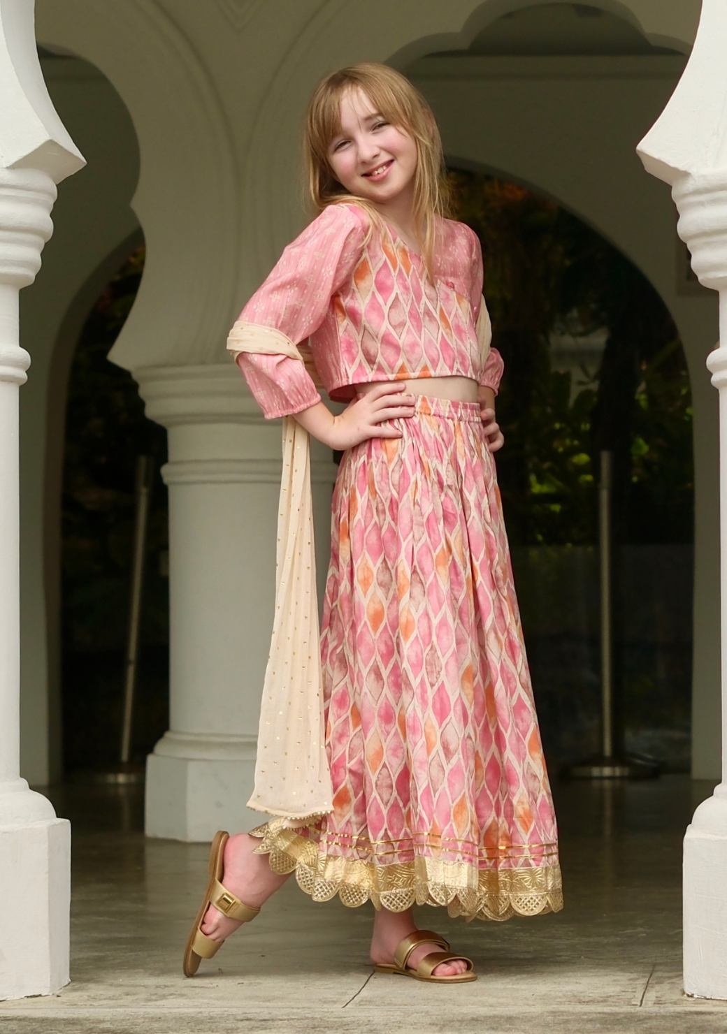 Rooh Pink Girls Lehenga Choli Set with Dupatta in Muslin Cotton