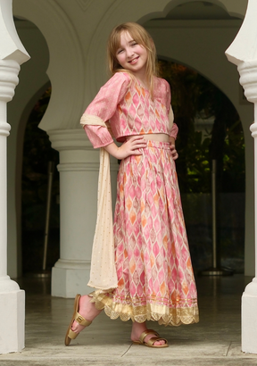 Rooh Pink Girls Lehenga Choli Set with Dupatta in Muslin Cotton