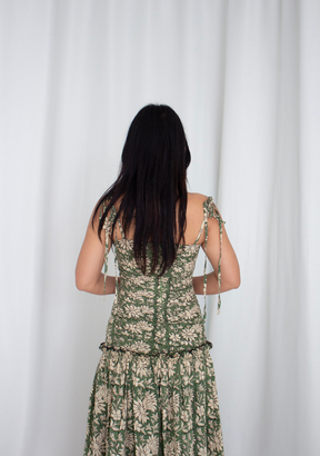 Leela Pleated Midi Dress with Tie Straps in Green Block Print