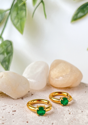 Gold Green Mini Crystal Hoops