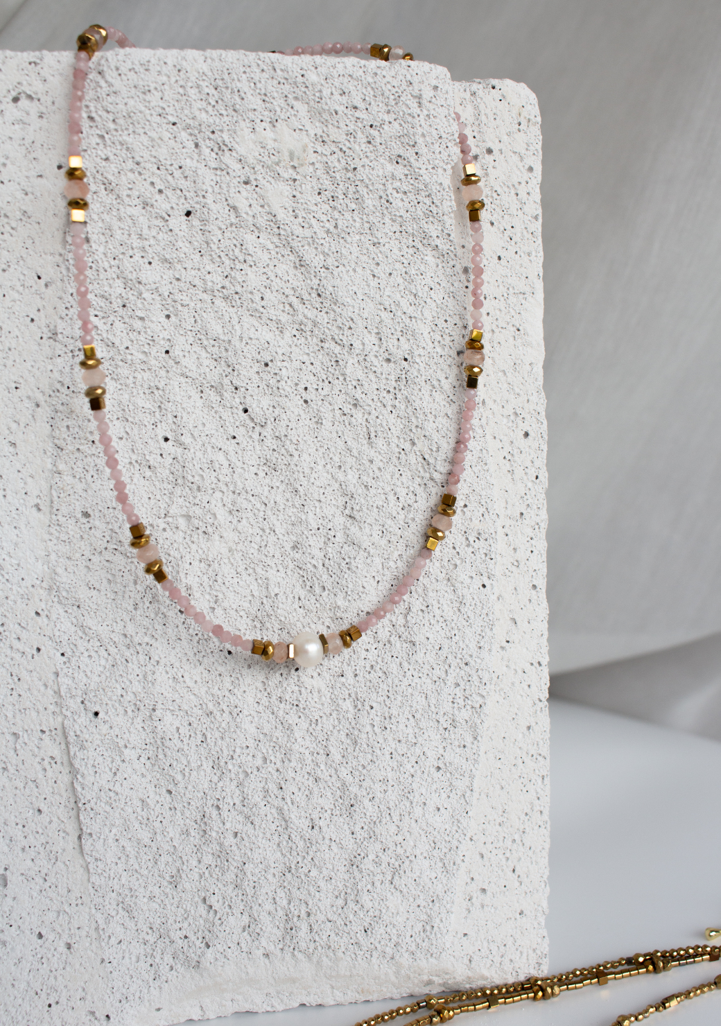 Ethereal Necklace in Rose Quartz with Fresh Water Pearl Centre