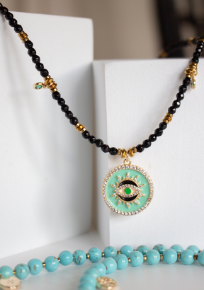 Green Tear Drop Rondelle Necklace with Pave Eye Pendant