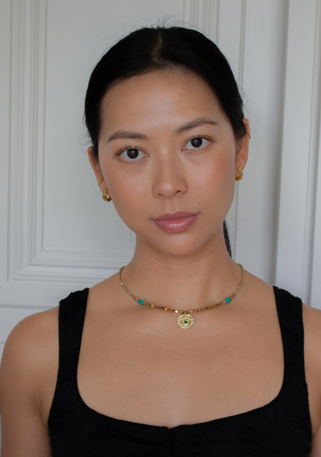 Keira Necklace with Green Evil Eye in Gold