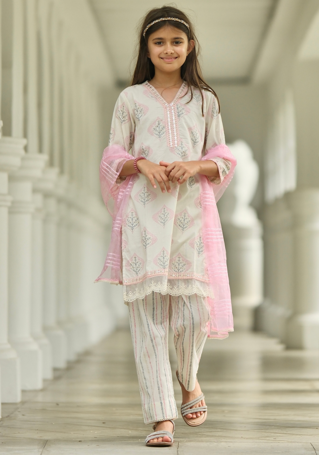 Gul Pink Girls Kurti with Pants Set in Cotton