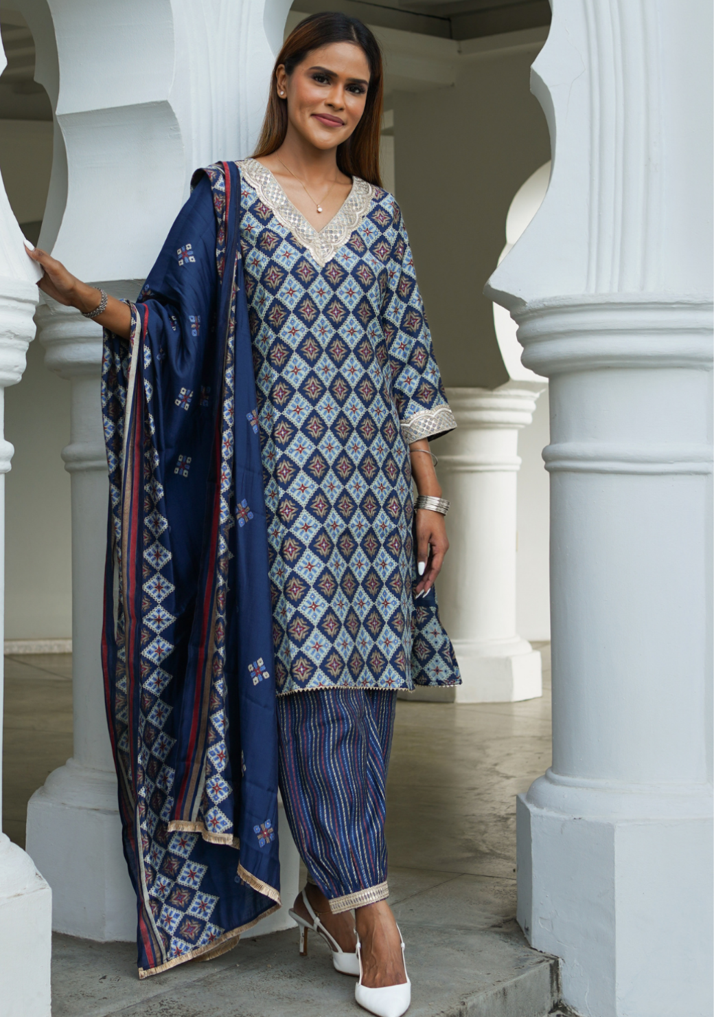 Tara Blue Womens Choga Style Kurti & Salwar Set in Muslin Cotton
