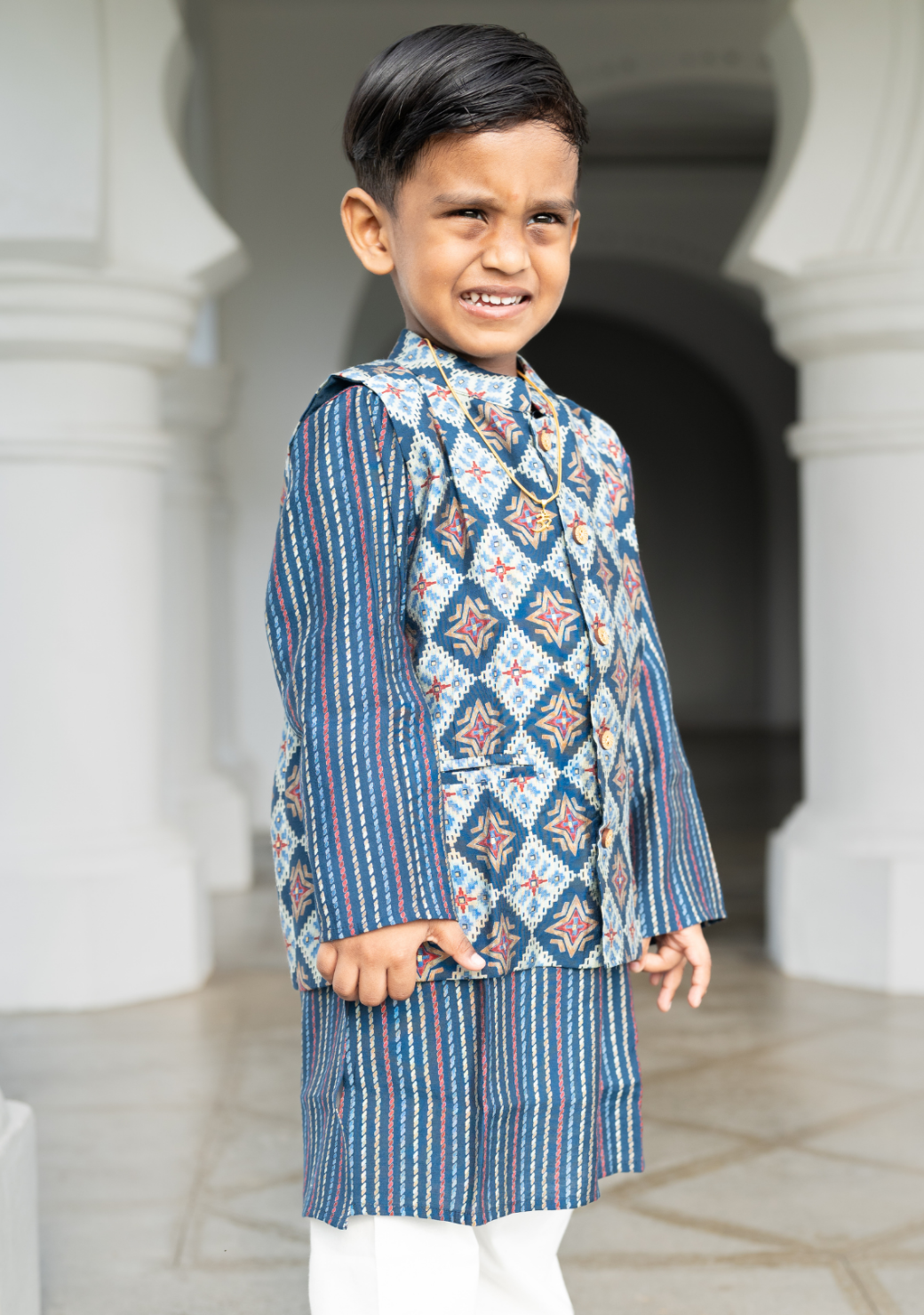 Tara Blue Boys Kurta Pajama Jacket in Muslin Cotton
