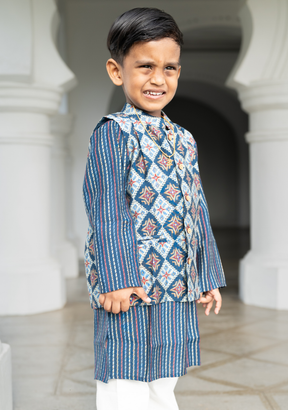Tara Blue Boys Kurta Pajama Jacket in Muslin Cotton