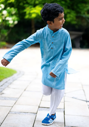 Embroidered Lotus Blue Kurta Pajama Set for Kids