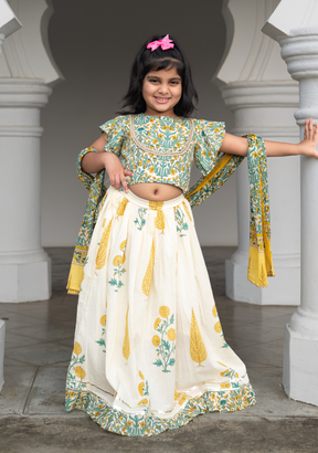 Mira Green Girls Lehenga Choli Skirt Top in Cotton