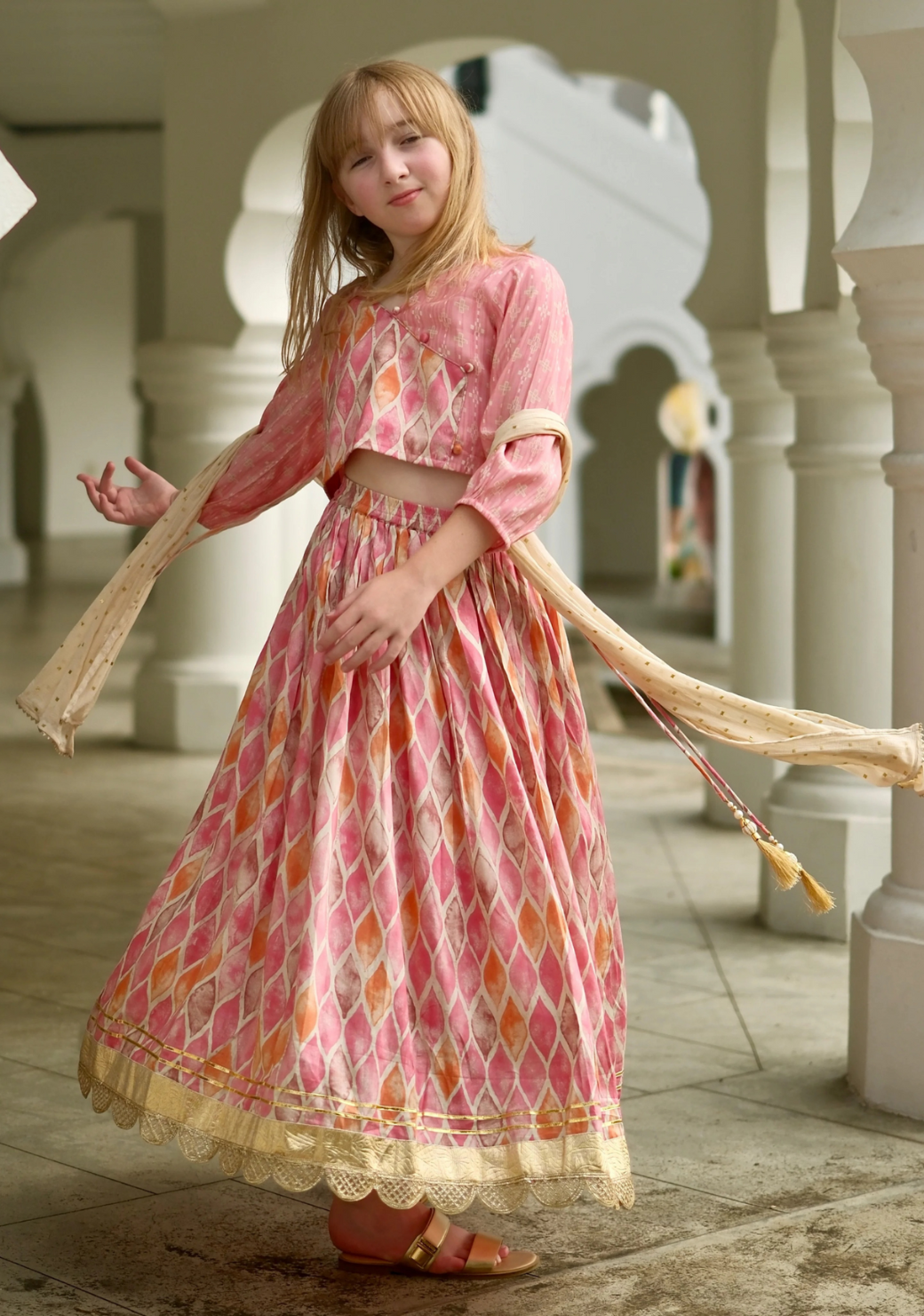 Rooh Pink Girls Lehenga Choli Set with Dupatta in Muslin Cotton