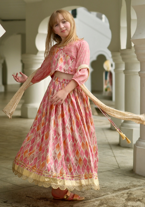 Rooh Pink Girls Lehenga Choli Set with Dupatta in Muslin Cotton