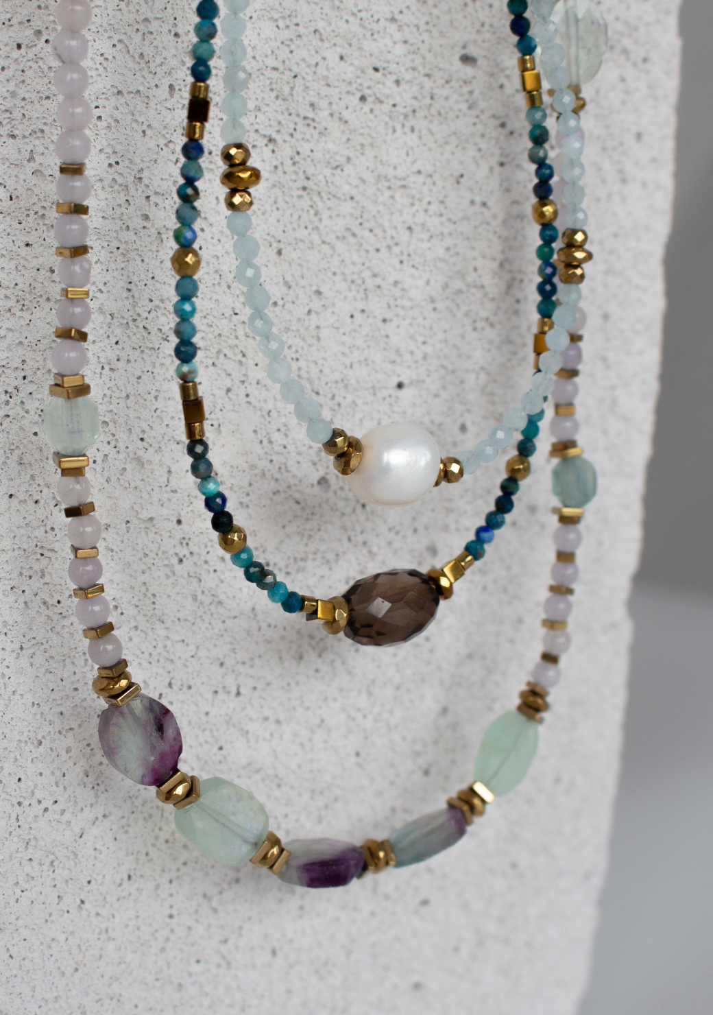 Ethereal Necklace in Blue Apatite with Smoky Quartz Centre