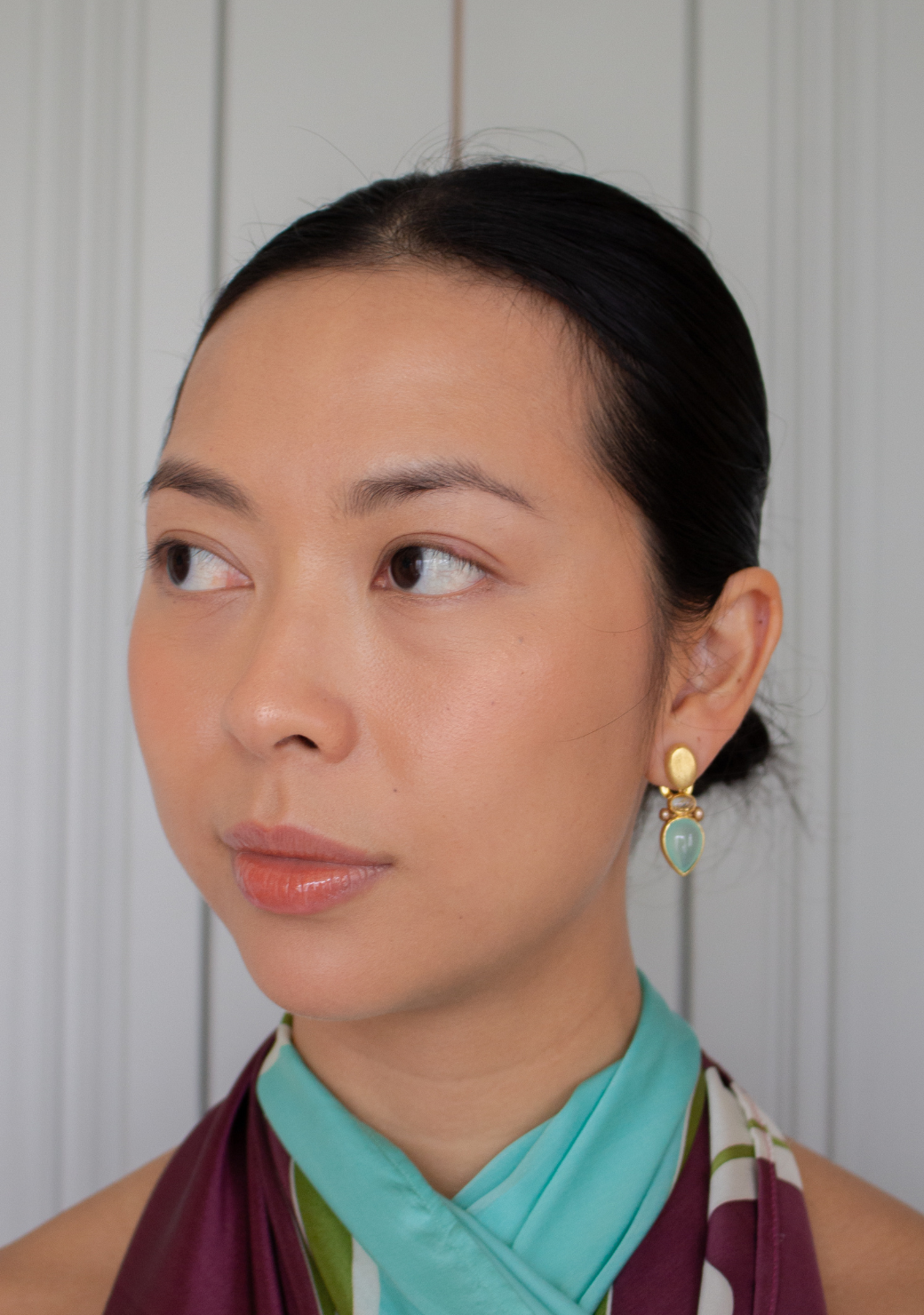 Rutilated Quartz, Champagne Pearls & Blue Chalcedony Earrings